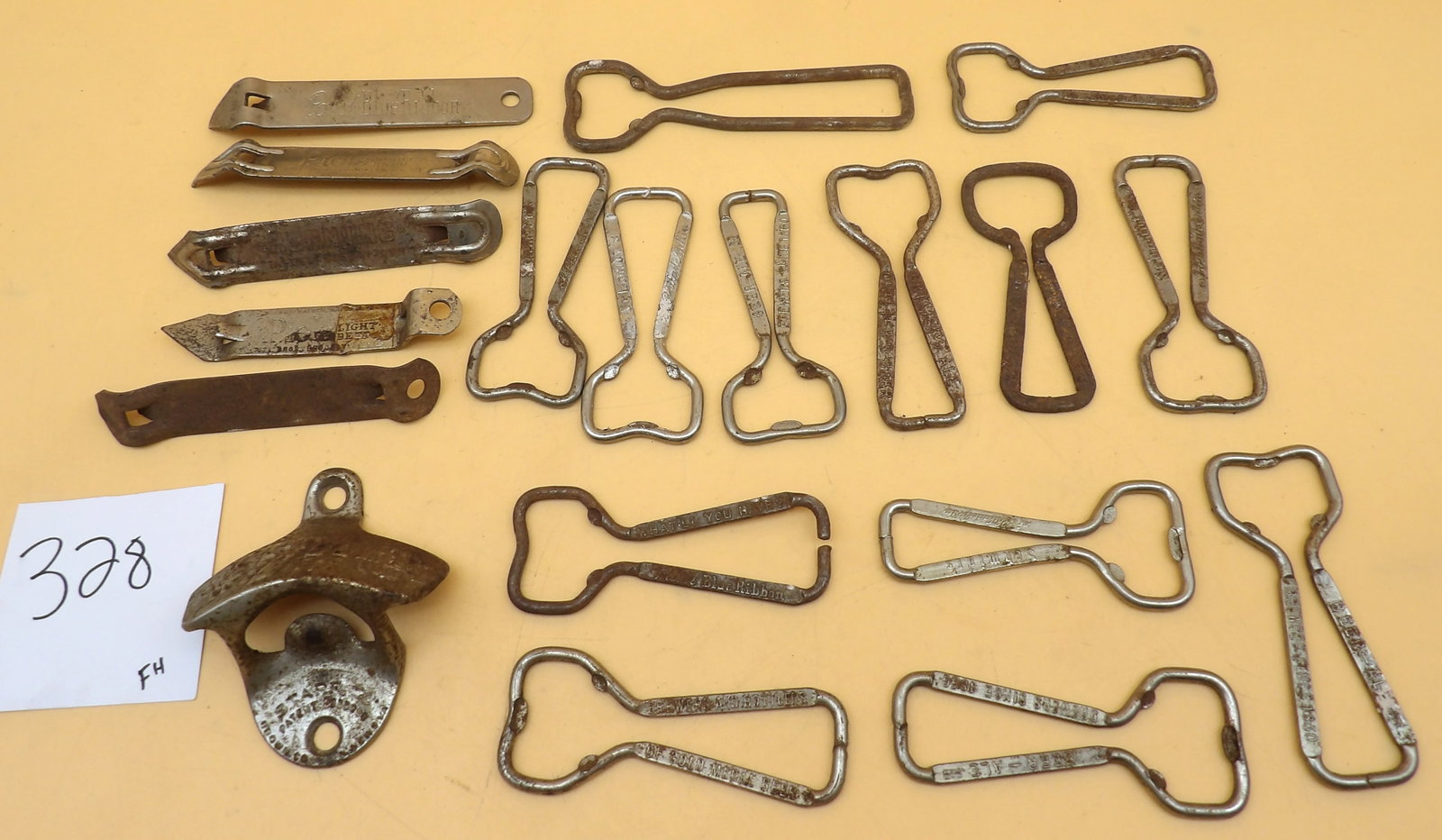 Vintage Bottle Openers (19 pcs): This collection of 19 vintage bottle openers includes a wall-mountable 7-Up opener, as well as hand held openers from brands like Piel's, Hornung, Schmidt's, and Pabst Blue Ribbon