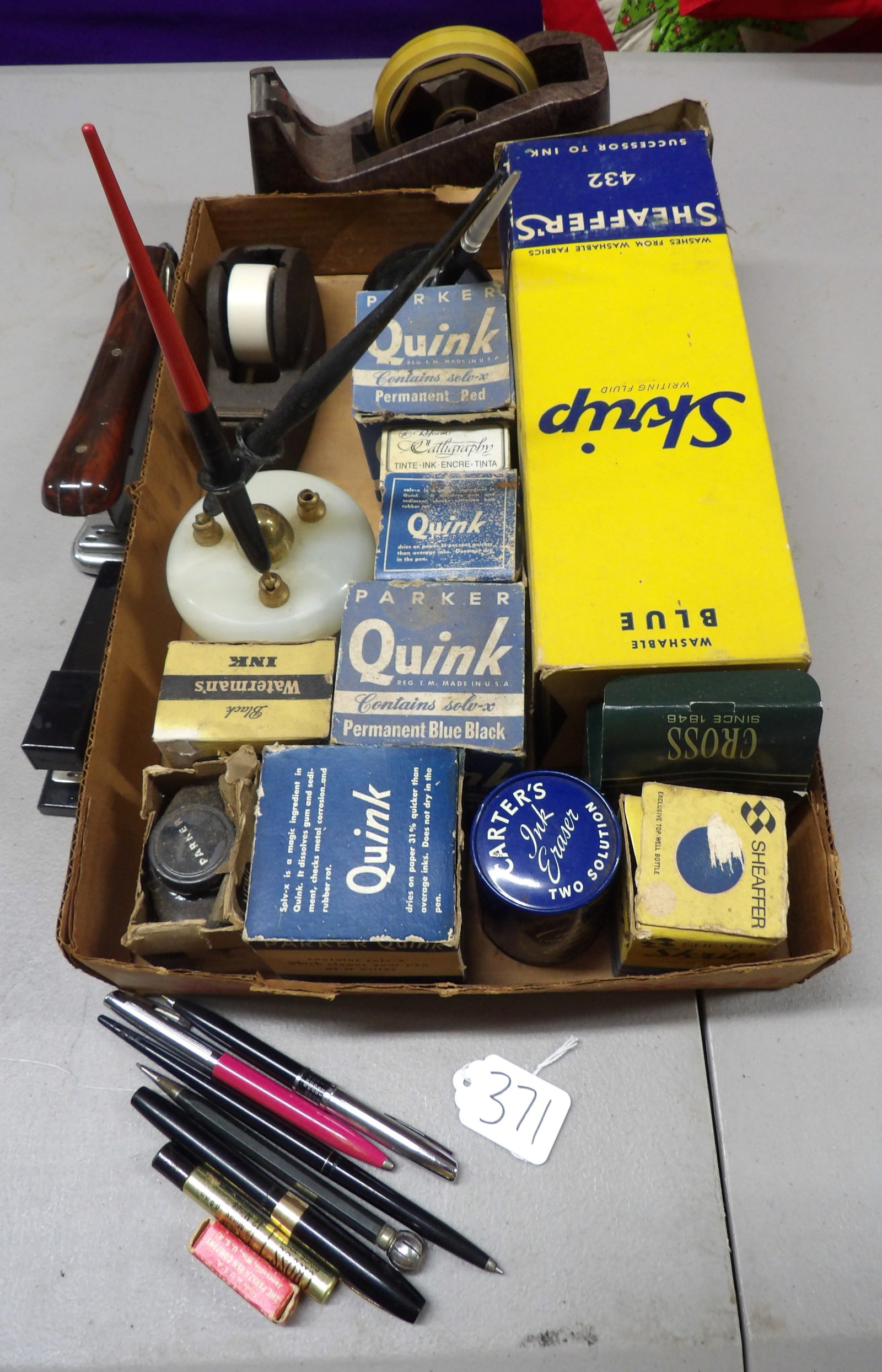 Ink, Pens, Office Lot: This lot features ink wells, ink bottles (in boxes), fountain pens, mechanical pencils, tape dispensers, staplers, and more! NO SHIPPING ON THIS ITEM - PICK UP ONLY