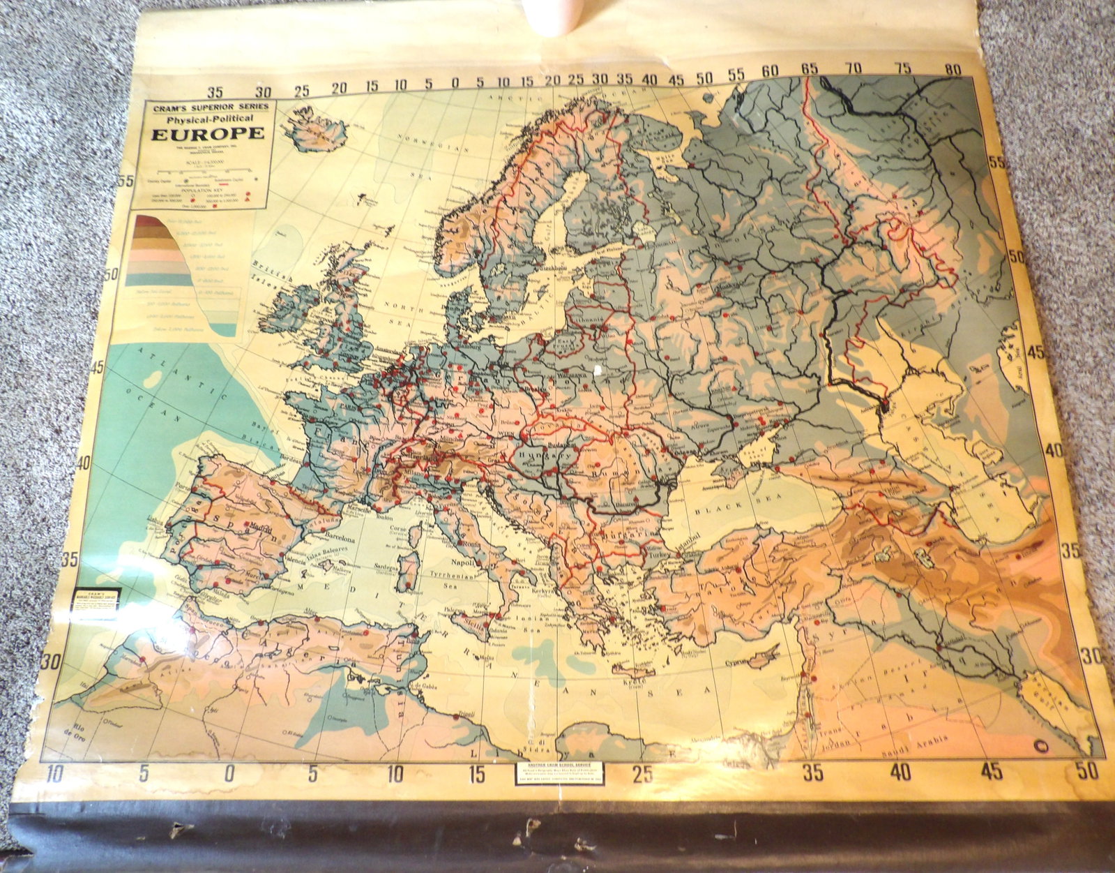 Pre-War Cram's Superior Series Physical-Political Europe: This roll down European physical/political roll down map of Europe was made by Cram 'Superior Series'. Features suggest pre-WWII years, possibly 1920's or early 1930's. Measures 48" x 50.5". NO SHIPPI
