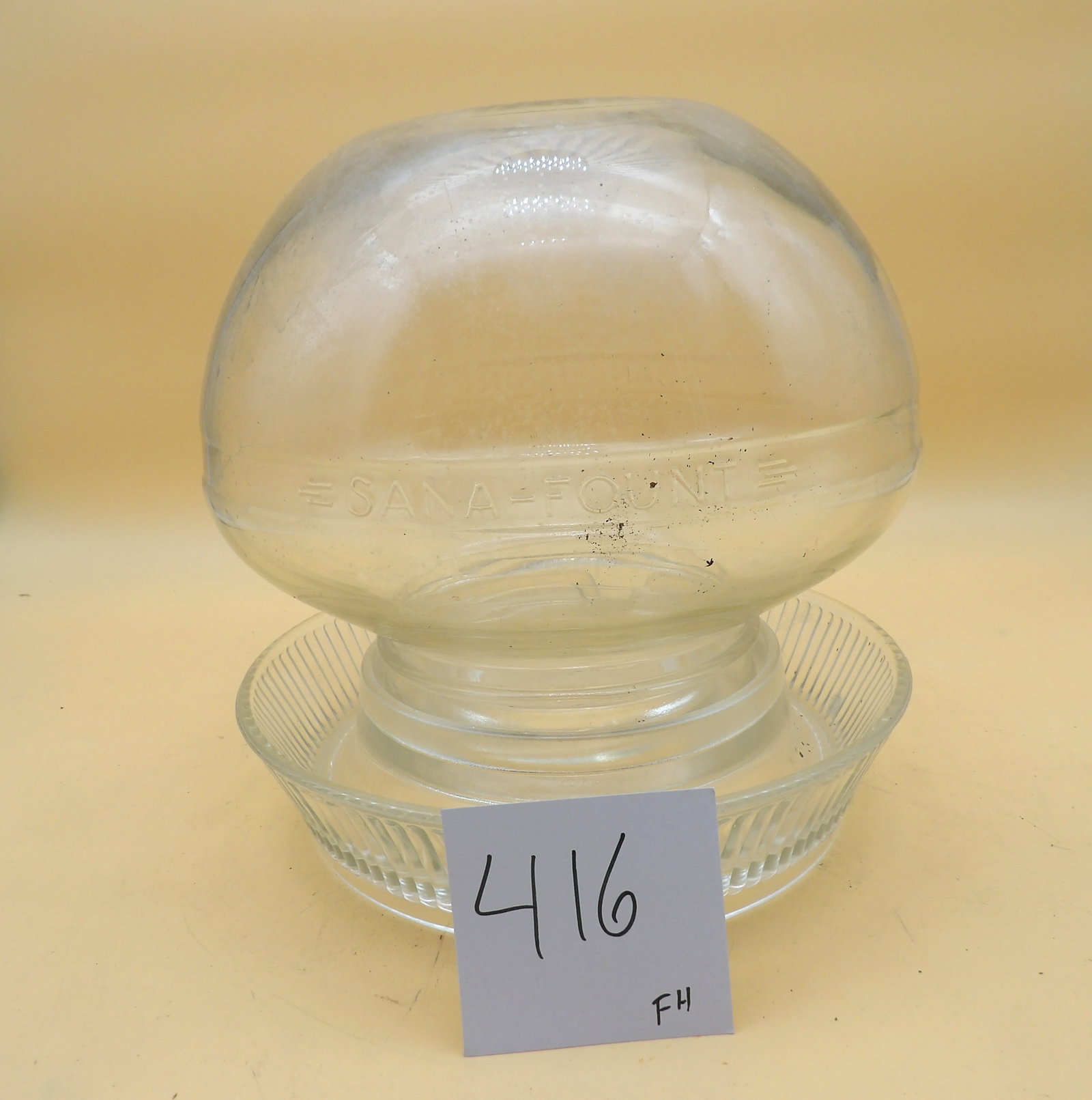 Sana Fount Glass Chicken Waterer: This vintage Sana Fount Glass Chicken Waterer measures approx 9.5" tall. NO SHIPPING ON THIS ITEM - PICK UP ONLY