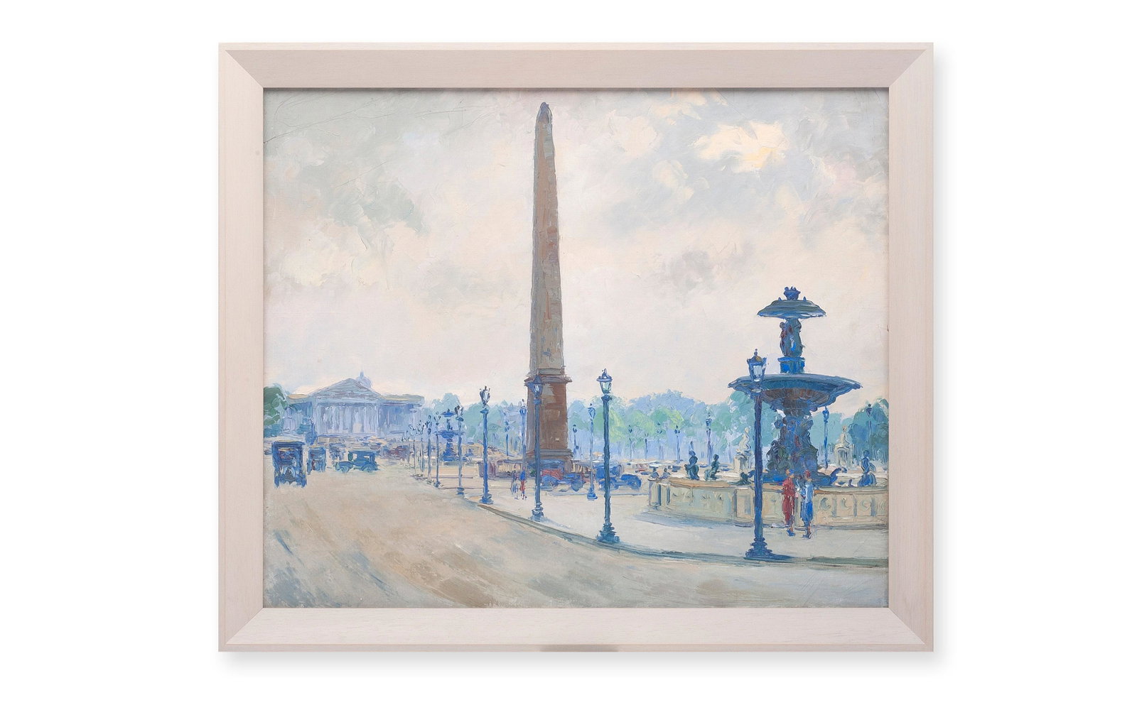 MID 20TH CENTURY FRENCH SCHOOL: A PAINTING OF THE LUXOR: depicting one of the two Fontaines de la Concorde within the square, the obelisk to the centre, unsigned, in a later frame, 71cm x 61cm