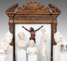 A RARE 17TH CENTURY PAINTED WOOD AND PARCEL GILT BAROQUE DOOR SURROUND