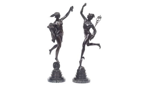 AFTER GIAMBOLOGNA (ITALIAN, 1529-1608): A PAIR OF 19TH CENTURY BRONZE FIGURES OF MERCURY AND FORTUNA: AFTER GIAMBOLOGNA (ITALIAN, 1529-1608): A PAIR OF 19TH CENTURY BRONZE FIGURES OF MERCURY AND FORTUNA AFTER GIAMBOLOGNA (ITALIAN, 1529-1608): A PAIR OF 19TH CENTURY BRONZE FIGURES OF MERCURY AND FORTUN