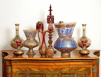 A LARGE MAMLUK REVIVAL ENAMELLED GLASS MOSQUE LAMP IN THE MANNER OF BROCARD