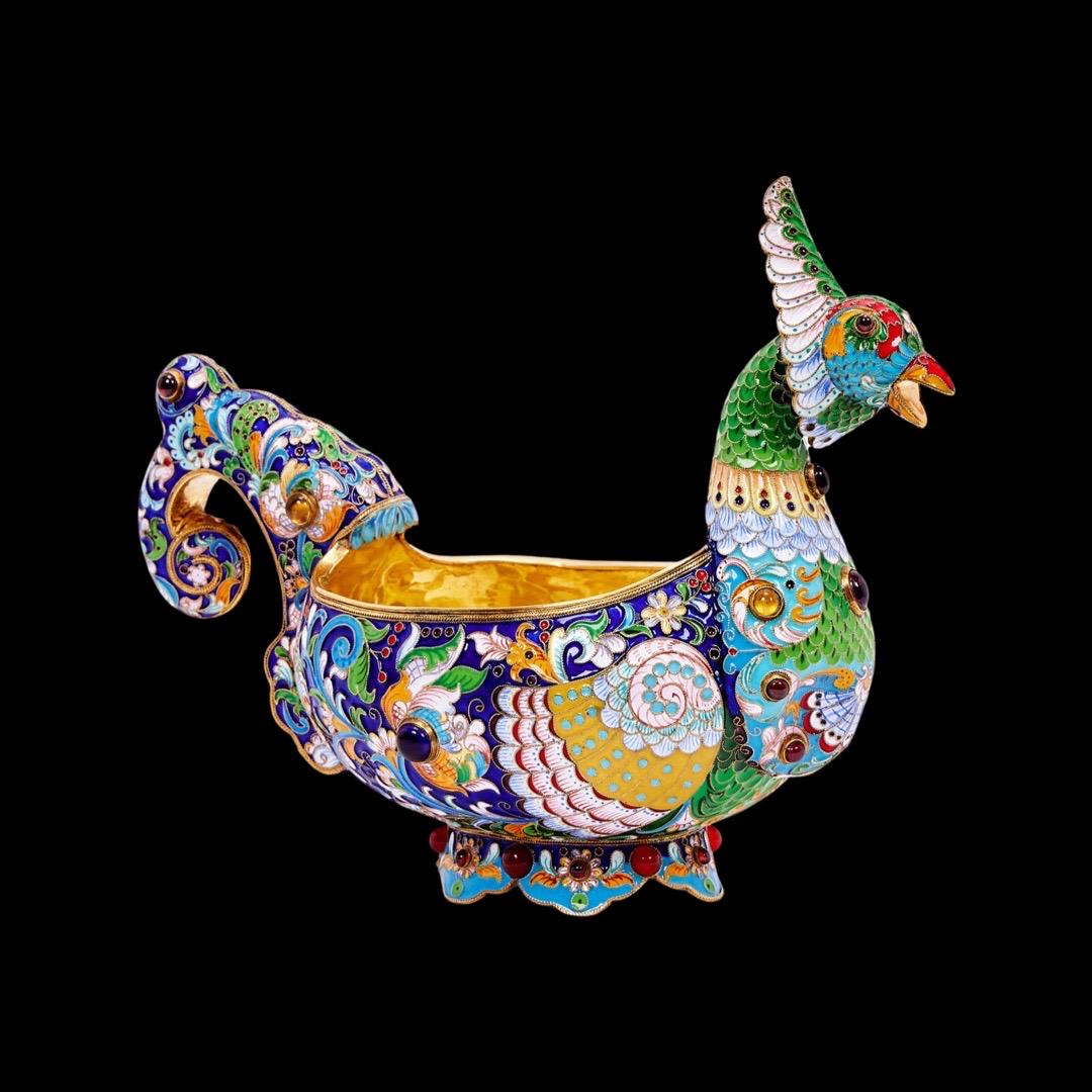 A SILVER GILT, CLOISONNE ENAMEL AND GEM SET RUSSIAN STYLE KOVSH (1 of 3)