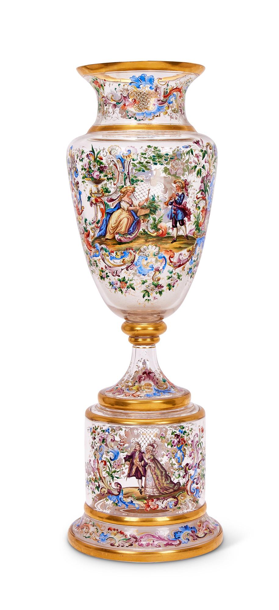 A MASSIVE AUSTRIAN GLASS AND ENAMEL VASE ON STAND (1 of 6)