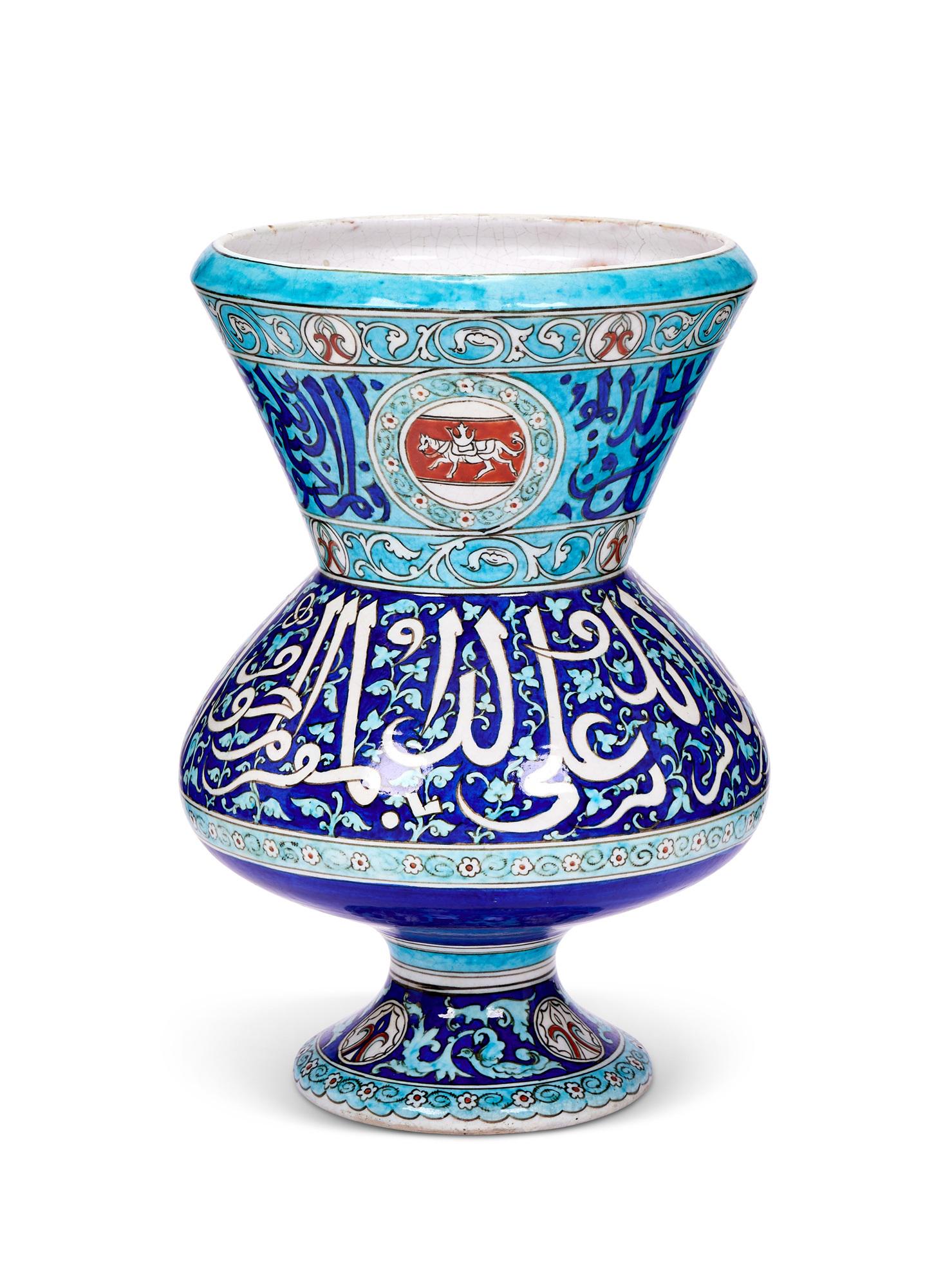 ATTRIBUTED TO THEODORE DECK: A 19TH CENTURY CERAMIC MOSQUE LAMP IN THE PERSIAN TASTE: ATTRIBUTED TO THEODORE DECK: A 19TH CENTURY CERAMIC MOSQUE LAMP IN THE PERSIAN TASTE ATTRIBUTED TO THEODORE DECK: A 19TH CENTURY CERAMIC MOSQUE LAMP IN THE PERSIAN TASTE of characteristic form with ro