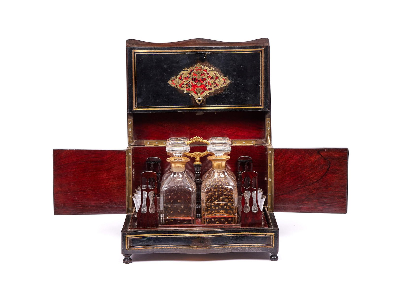 A NAPOLEON III PERIOD EBONISED, CUT BRASS AND TORTOISESHELL INLAID CAVE A LIQUER: A NAPOLEON III PERIOD EBONISED, CUT BRASS AND TORTOISESHELL INLAID CAVE A LIQUER A NAPOLEON III PERIOD EBONISED, CUT BRASS AND TORTOISESHELL INLAID CAVE A LIQUER the 19th century French Boulle style t