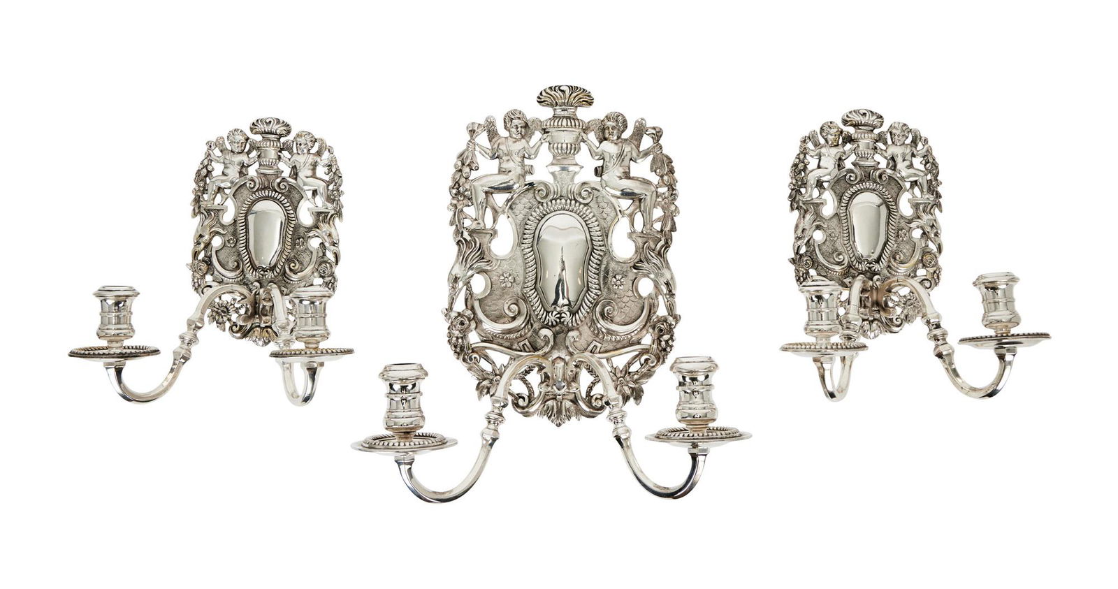 A SET OF THREE 17TH CENTURY DUTCH STYLE SILVER PLATED WALL SCONCES (1 of 1)