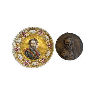 AFTER GUILLAUME DUPRE: TWO PORTRAITS OF HENRI IV, KING OF FRANCE, AND MARIE DE MEDICI: AFTER GUILLAUME DUPRE: TWO PORTRAITS OF HENRI IV, KING OF FRANCE, AND MARIE DE MEDICI the first a richly decorated plate in the manner of Capo di Monti, Italian, the underside with psuedo marks of the