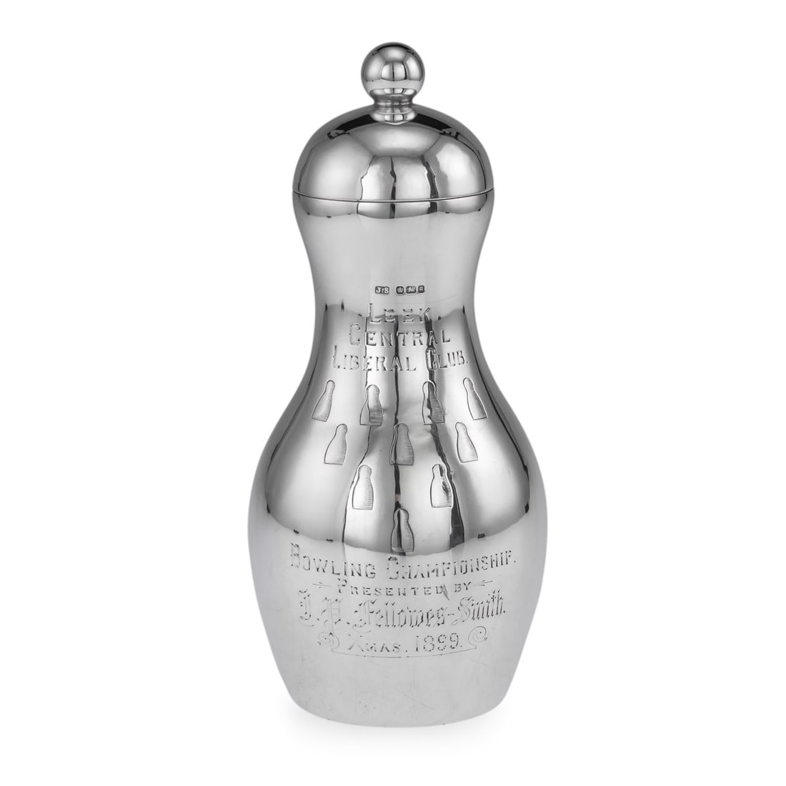 A RARE STERLING SILVER, 19TH CENTURY 'BOWLING PIN' COCKTAIL SHAKER, 1899 (1 of 13)