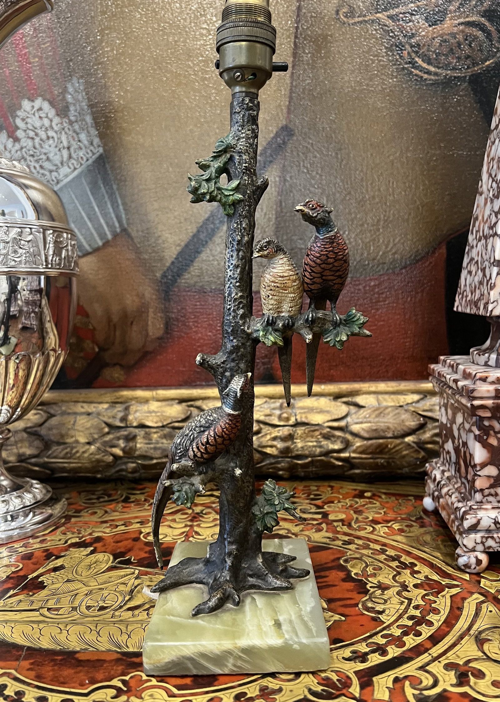 FRANZ BERGMAN (AUSTRIAN): A COLD PAINTED BRONZE LAMP DECORATED WITH PHEASANTS (1 of 4)