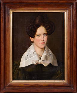 AMERICAN SCHOOL, CIRCA 1830: A PORTRAIT OF A LADY WITH LACE COLLAR: AMERICAN SCHOOL, CIRCA 1830: A PORTRAIT OF A LADY WITH LACE COLLAR in the manner of Jacob Eichholtz (American, 1776 -1842), oil on canvas, bust portrait of a lady with lace collar and opal necklace, h