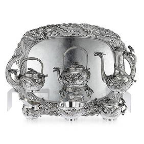 AN EXCEPTIONAL MEIJI PERIOD SOLID SILVER TEA SERVICE ON TRAY, SANJU SAKU, C. 1900 (1 of 12)