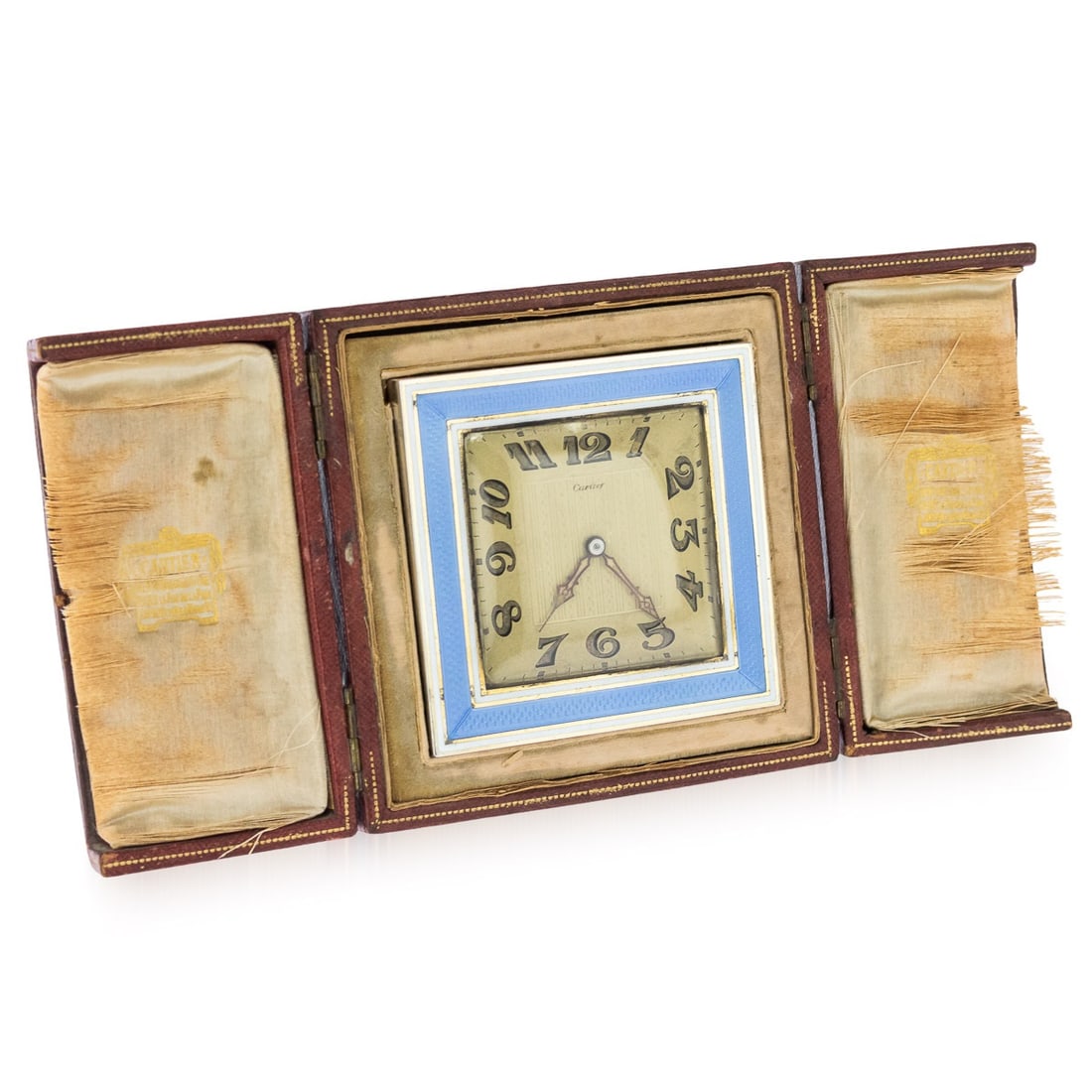 CARTIER: A 1940'S SILVER PLATED AND ENAMELLED DESK CLOCK (1 of 11)