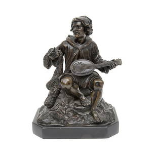 A 19TH CENTURY BRONZE FIGURE OF A MANDOLIN PLAYER: A 19TH CENTURY BRONZE FIGURE OF A MANDOLIN PLAYER in the manner of Jean-Jacques Feuchère (French, 1807-1852), the seated figure with a net in one hand and a mandolin in the other, seated on an up