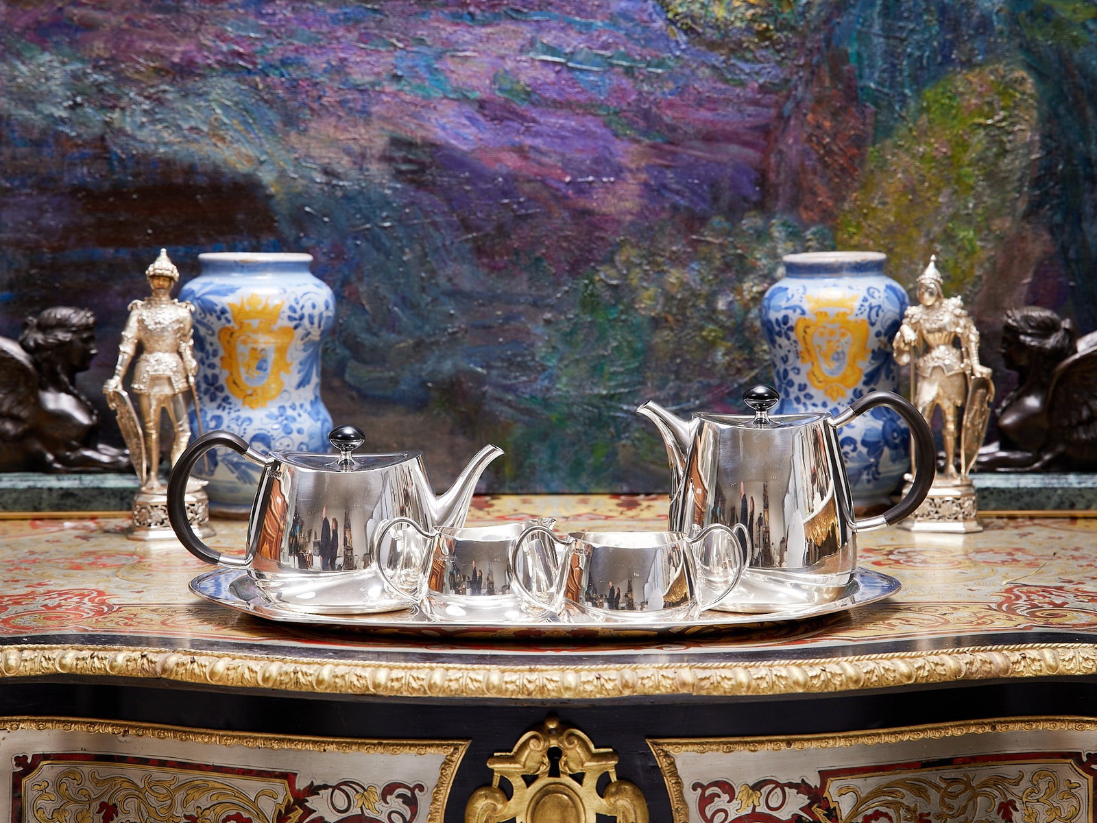 DAVID MELLOR FOR ELKINGTON: A STERLING SILVER MODERNIST TEA SET AND TRAY, 1960's: DAVID MELLOR FOR ELKINGTON: A STERLING SILVER MODERNIST TEA SET AND TRAY, 1960's DAVID MELLOR FOR ELKINGTON: A STERLING SILVER MODERNIST TEA SET AND TRAY, 1960's in Pride pattern, comprising tea pot a