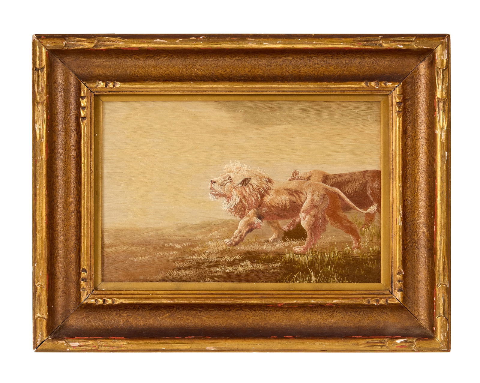 A MEIJI PERIOD JAPANESE SILKWORK PICTURE OF TWO LIONS (1 of 1)