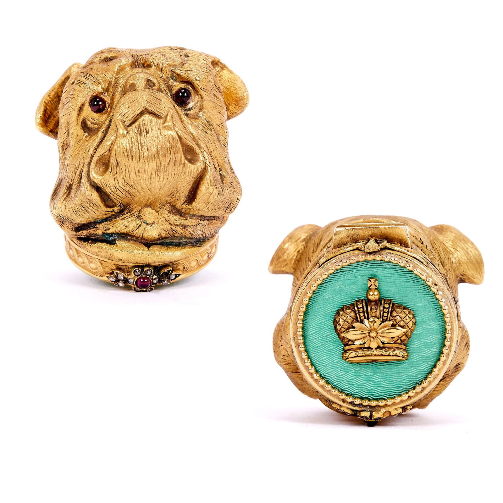A FABERGE STYLE SILVER GILT, DIAMOND AND GUILLOCHE ENAMEL MOUNTED PILL BOX MODELLED AS A BULLDOG: A FABERGE STYLE SILVER GILT, DIAMOND AND GUILLOCHE ENAMEL MOUNTED PILL BOX MODELLED AS A BULLDOG A FABERGE STYLE SILVER GILT, DIAMOND AND GUILLOCHE ENAMEL MOUNTED PILL BOX MODELLED AS A BULLDOG the Ru