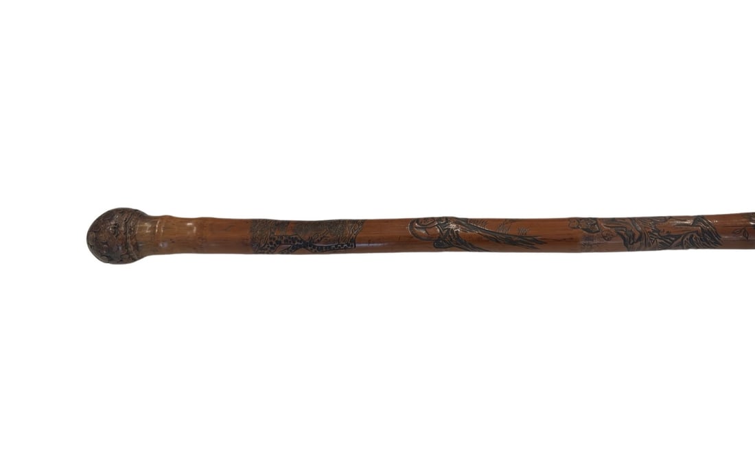 AN ANTIQUE ROOTWOOD WALKING CANE DECORATED WITH MONKEYS (1 of 4)