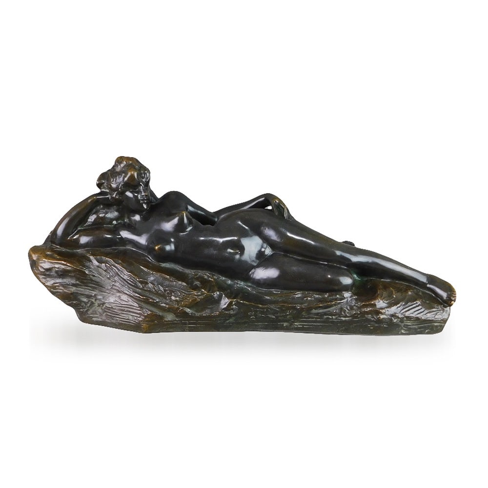 JEF LAMBEAUX (BELGIUM, 1852-1908): A LARGE BRONZE FIGURE OF A RECLINING NUDE: JEF LAMBEAUX (BELGIUM, 1852-1908): A LARGE BRONZE FIGURE OF A RECLINING NUDE JEF LAMBEAUX (BELGIUM, 1852-1908): A LARGE BRONZE FIGURE OF A RECLINING NUDE brown patination, signed to the reverse. Very