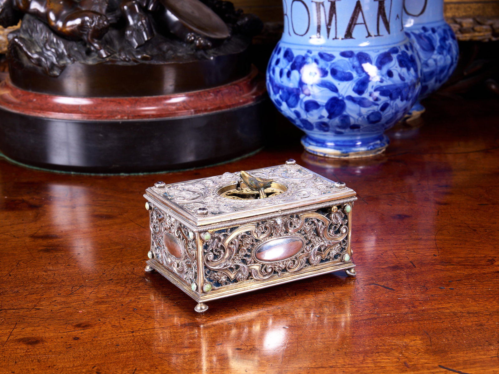 A LATE 19TH CENTURY GERMAN SILVER AND GEM SET SINGING BIRD BOX (1 of 3)