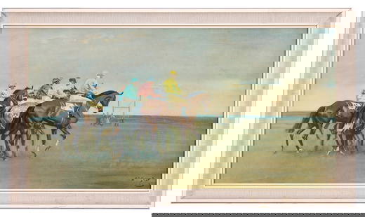 AFTER SIR ALFRED MUNNINGS: 'OCTOBER MEETING': AFTER SIR ALFRED MUNNINGS: 'OCTOBER MEETING' AFTER SIR ALFRED MUNNINGS: 'OCTOBER MEETING' a large print depicting four race horses, in frame, 81cm x 47cm overall