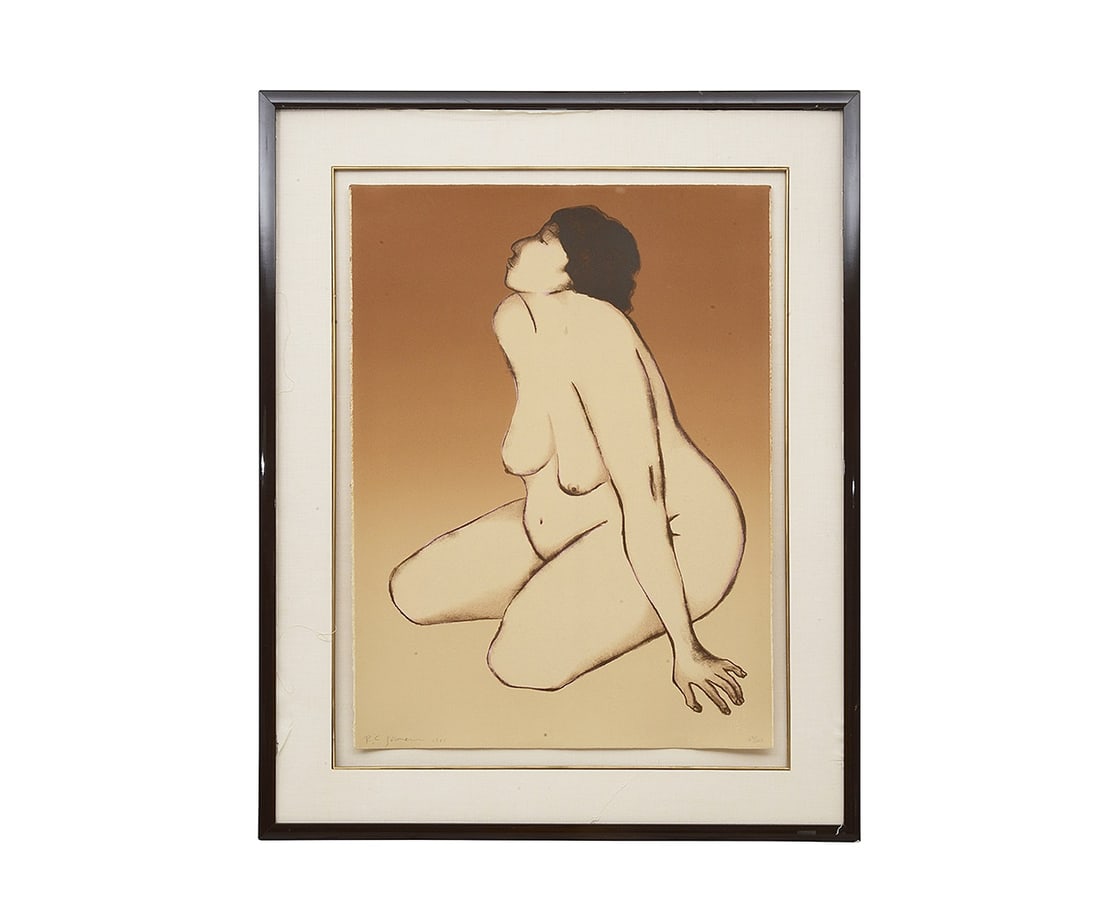R.C. GORMAN (1932-2005): A LITHOGRAPH OF A RECLINING NUDE: R.C. GORMAN (1932-2005): A LITHOGRAPH OF A RECLINING NUDE signed, 44 / 150, framed, 76cm x 55cm excluding frame with a copy of the certificate of authenticity from the Brenner Gallery, Inc. August 14,