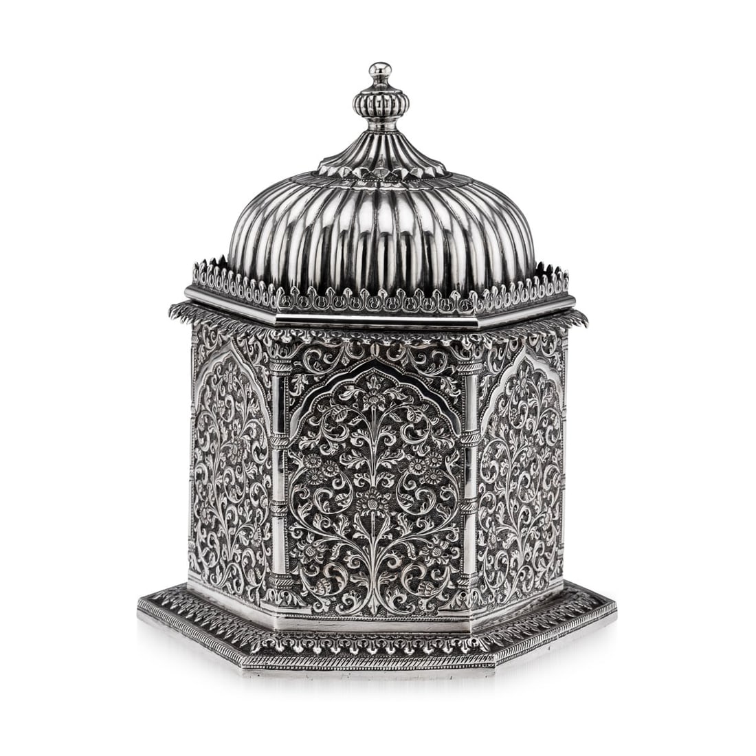 A 19TH CENTURY INDIAN KUTCH SOLID SILVER TEMPLE SHAPED TEA CADDY C. 1880 (1 of 17)