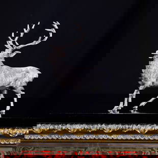 AN ITALIAN SILVER MODEL OF A STAG BY MIRACOLI: AN ITALIAN SILVER MODEL OF A STAG BY MIRACOLI the standing deer naturalistically modelled with detailed fur, marked to the underside of the foot, 800, MIRACOLI, 875 grams overall (28.13 oz t.) 20cm hi