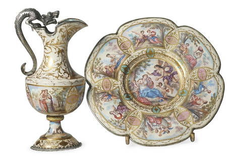 A FINE LATE 19TH CENTURY VIENNESE ENAMEL AND SILVER JUG AND TRAY: A FINE LATE 19TH CENTURY VIENNESE ENAMEL AND SILVER JUG AND TRAY Austrian, by Ludwid Politzer, of miniature size, the ewer with a silver dragon (marked), the jug and stand both with polychrome enamel