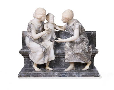 GUGLIELMO PUGI (1850-1915): A MARBLE AND ALABASTER FIGRAL GROUP: GUGLIELMO PUGI (1850-1915): A MARBLE AND ALABASTER FIGRAL GROUP Italian, early 20th century, the grey coloured marble and alabster sculpture depicting two ladies on a bench with a child, signed to the