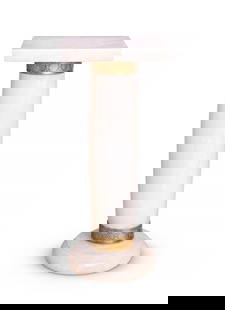 AN EARLY 20TH CENTURY ITALIAN CARVED ALABASTER PEDESTAL: AN EARLY 20TH CENTURY ITALIAN CARVED ALABASTER PEDESTAL the column pedestal stand with square top over plain shaft and circular base, the top 30cm wide x 74cm high