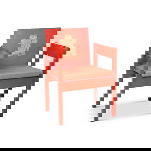 LORD SNOWDON: A PRINCE OF WALES INVESTITURE CHAIR C. 1969: LORD SNOWDON: A PRINCE OF WALES INVESTITURE CHAIR C. 1969 the red painted ash laminate chair manufactured by Remploy, With motto 'Ich Dien' and Prince of Wales feathers in gilt, with red covered uphol