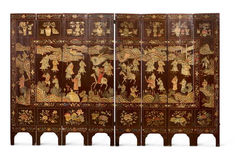 A CHINESE EIGHT PANEL LACQUERED FOLDING SCREEN: A CHINESE EIGHT PANEL LACQUERED FOLDING SCREEN with incised decoration of numerous figures, the reverse with prunus and birds below panels depicting landscapes, the room divider or screen hinged, curr