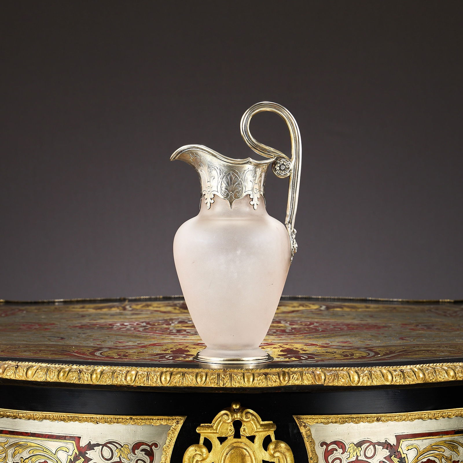A FINE VICTORIAN SILVER AND FROSTED GLASS CLARET JUG, LONDON, 1858, CHARLES FOX & GEORGE FOX: A FINE VICTORIAN SILVER AND FROSTED GLASS CLARET JUG, LONDON, 1858, CHARLES FOX & GEORGE FOX the wine jug in the Classical style, with scroll handle with floral patera terminating in a classical m