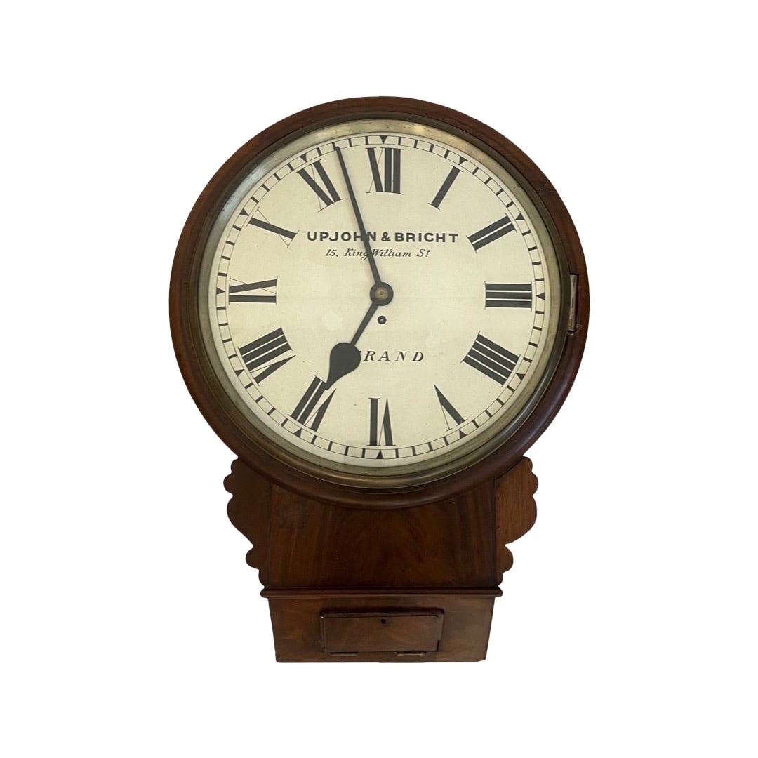 A 19TH CENTURY MAHOGANY FUSEE DIAL CLOCK SIGNED 'UPJOHN & BRIGHT': A 19TH CENTURY MAHOGANY FUSEE DIAL CLOCK SIGNED UPJOHN & BRIGHT' signed 'UPJOHN & BRIGHT, 15 King William St. Strand' with fusee eight-day movement, with drop dial case, with pendulum, 47cm wi
