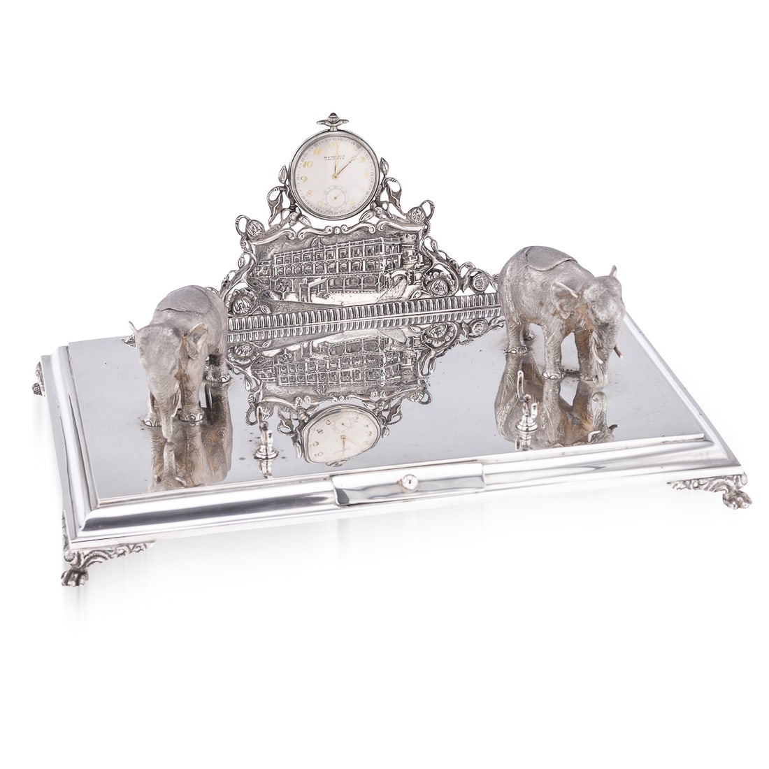 AN EARLY 20TH CENTURY INDIAN SOLID SILVER INKWELL AND POCKET WATCH DESK SET, HAMILTON & CO. C. 1908: AN EARLY 20TH CENTURY INDIAN SOLID SILVER INKWELL AND POCKET WATCH DESK SET, HAMILTON & CO. C. 1908Antique early 20th Century Indian colonial solid silver desk set, featuring a removable pocket wa