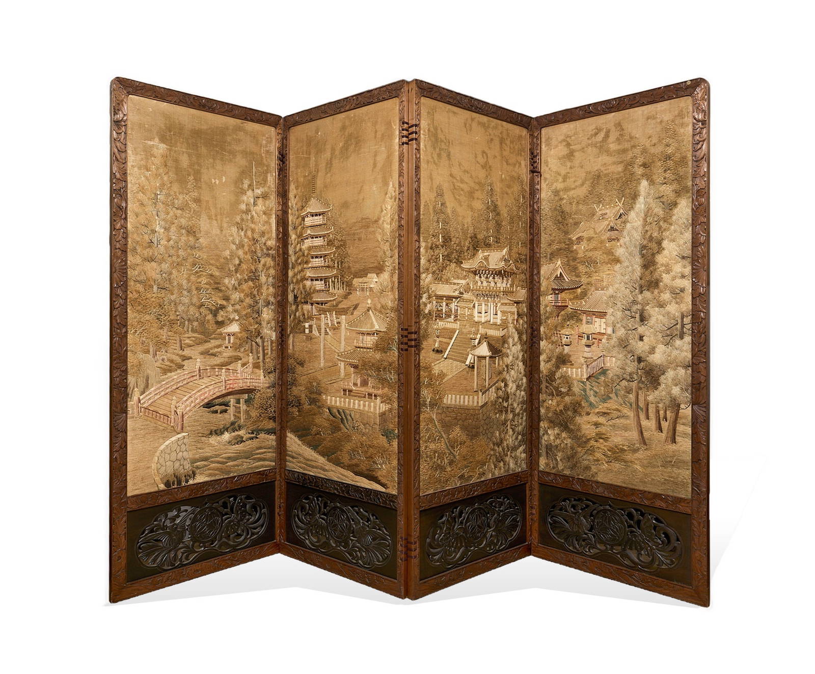 A JAPANESE MEIJI PERIOD CARVED WOOD AND SILK FOUR PANEL SCREEN