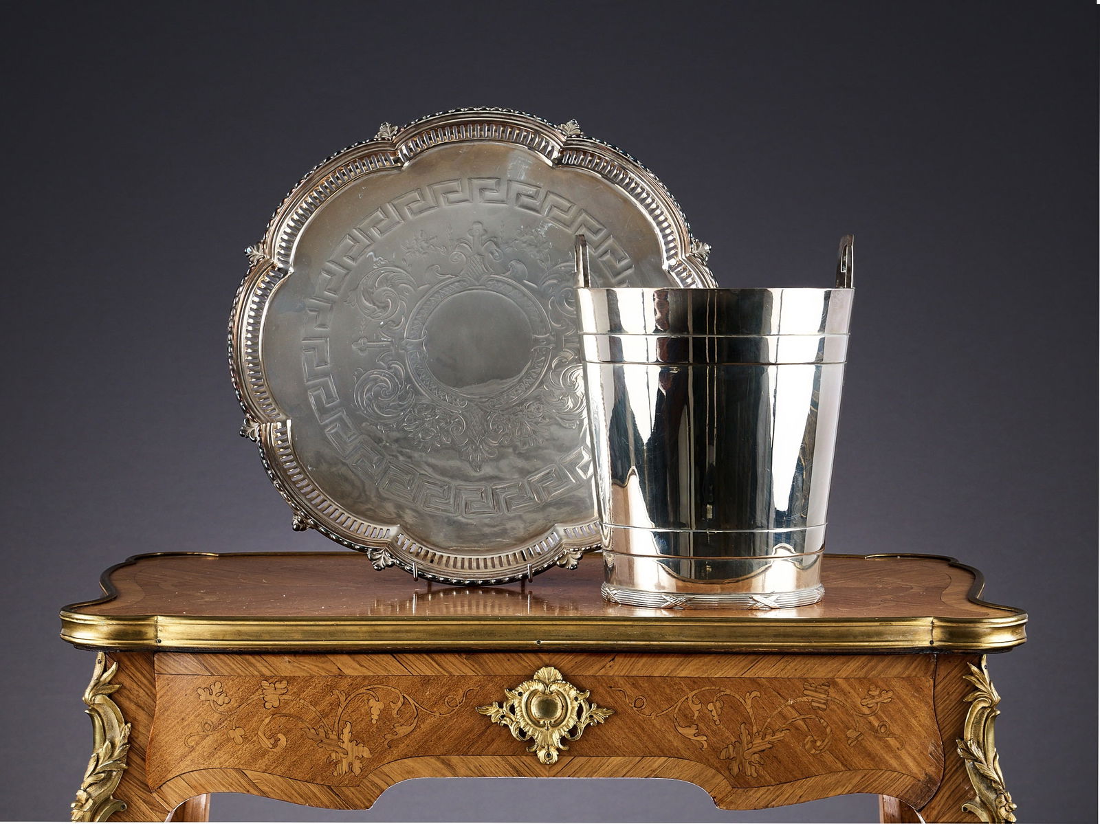 A VINTAGE VINERS SILVERED PLATED ICE BUCKET TOGETHER WITH A TRAY (1 of 1)