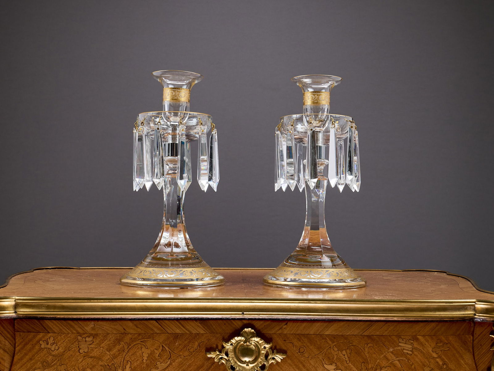 ST LOUIS: A PAIR OF GILT DECORATED CRYSTAL GLASS CANDLESTICK LUSTRES (1 of 2)