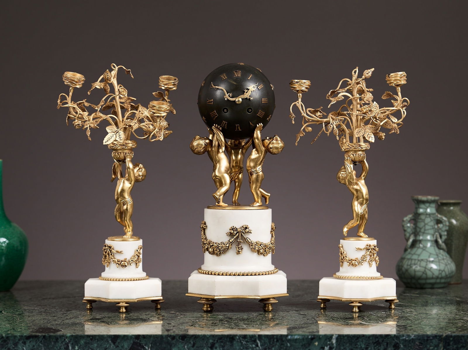 A 19TH CENTURY FRENCH GILT BRONZE AND MARBLE GLOBE CLOCK GARNITURE (1 of 1)