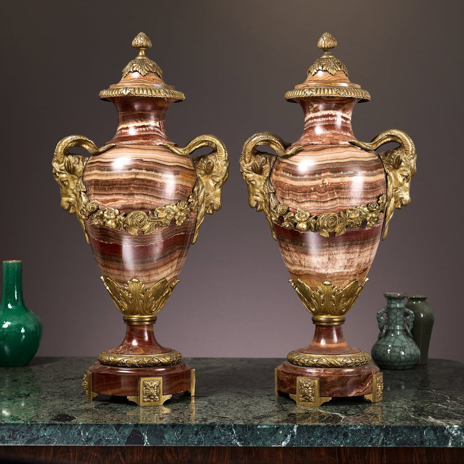 AN EXCEPTIONAL PAIR OF 19TH CENTURY MARBLE AND GILT BRONZE MOUNTED URNS (1 of 1)