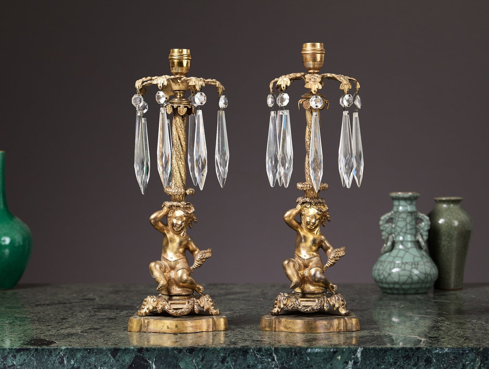 A PAIR OF REGENCY GILT BRONZE FIGURAL LUSTRE CANDLESTICKS (1 of 1)