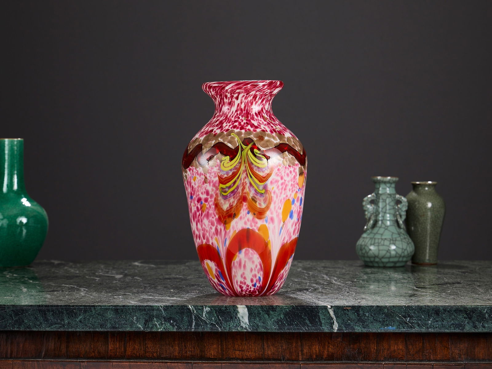 A MURANO STYLE ART GLASS BALUSTER VASE: A MURANO STYLE ART GLASS BALUSTER VASE decorated with speckles, spots and abstract forms, with gilt decoration, 32cm high