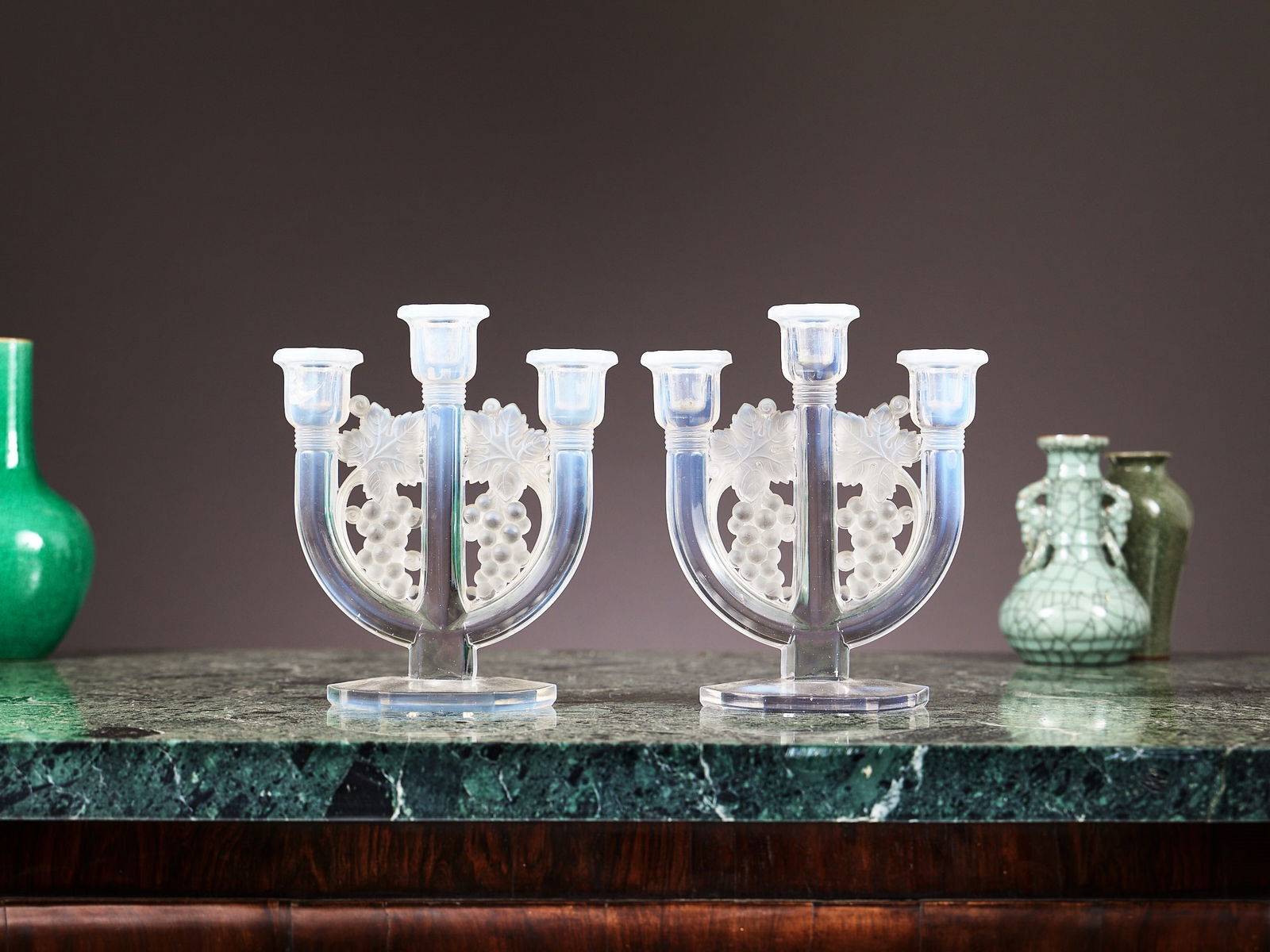 A PAIR OF ART DECO PERIOD FROSTED GLASS VINE CANDELABRA, JOSEPH INWALD C. 1930: A PAIR OF ART DECO PERIOD FROSTED GLASS VINE CANDELABRA, JOSEPH INWALD C. 1930 the early 20th century Bohemian glass candlesticks in frosted iridescent glass, Barolac glass, decorated with vines and g