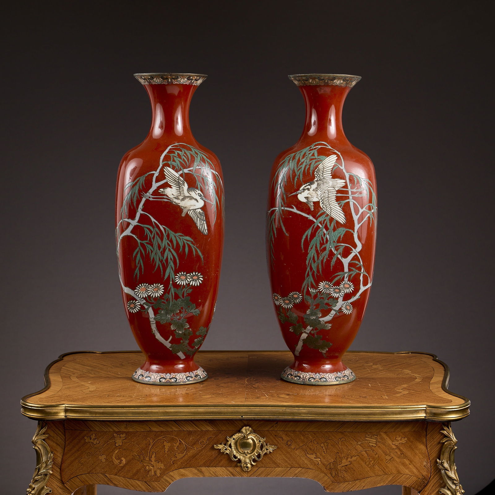 A LARGE PAIR OF JAPANESE CLOISONNE VASES (1 of 1)