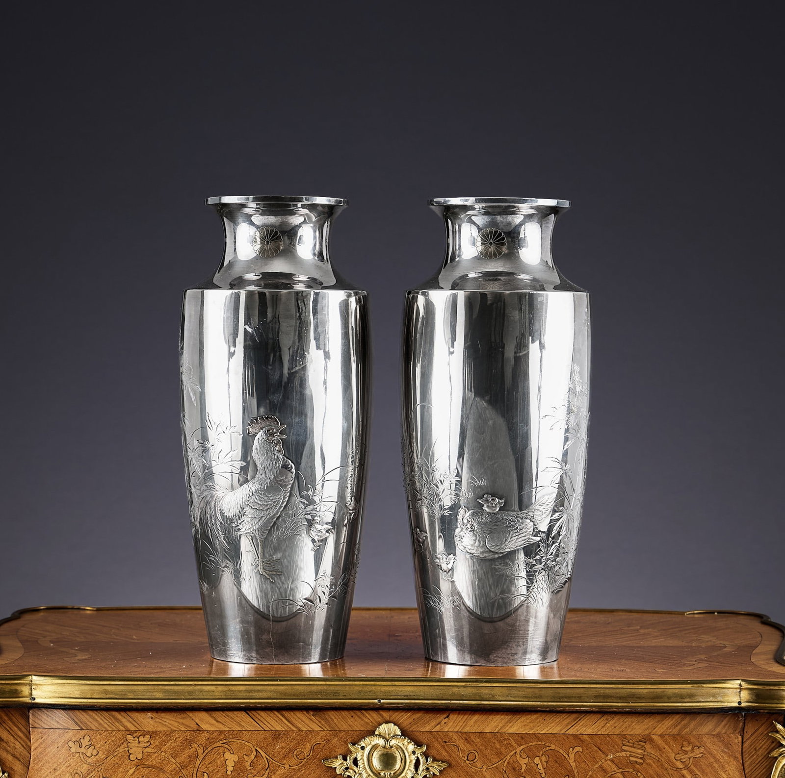 A FINE PAIR OF JAPANESE SOLID SILVER AND GOLD INLAID VASES CIRCA 1900 (1 of 10)