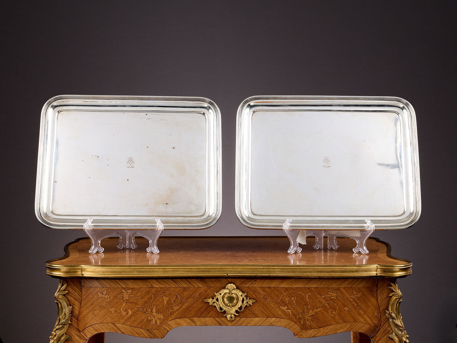 OVCHINNIKOV: A PAIR OF SILVER TRAYS WITH RUSSIAN IMPERIAL WARRANT, MOSCOW, 1895: OVCHINNIKOV: A PAIR OF SILVER TRAYS WITH RUSSIAN IMPERIAL WARRANT, MOSCOW, 1895 the late 19th century antique trays of oval form, the centre engraved with the Imperial cypher, the reverse with marks f