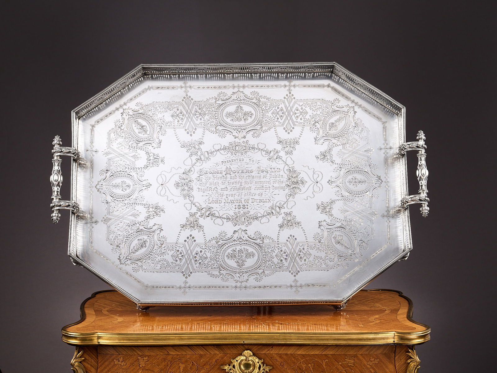 A MASSIVE VICTORIAN STERLING SILVER TRAY, 204oz., C. 1880, MARTIN, HALL & CO.: A MASSIVE VICTORIAN STERLING SILVER TRAY, 204oz., C. 1880, MARTIN, HALL & CO. the huge 19th century tray in the Neo-Classical style, with pierced gallery decorated with ribbon-tied garlands, the h